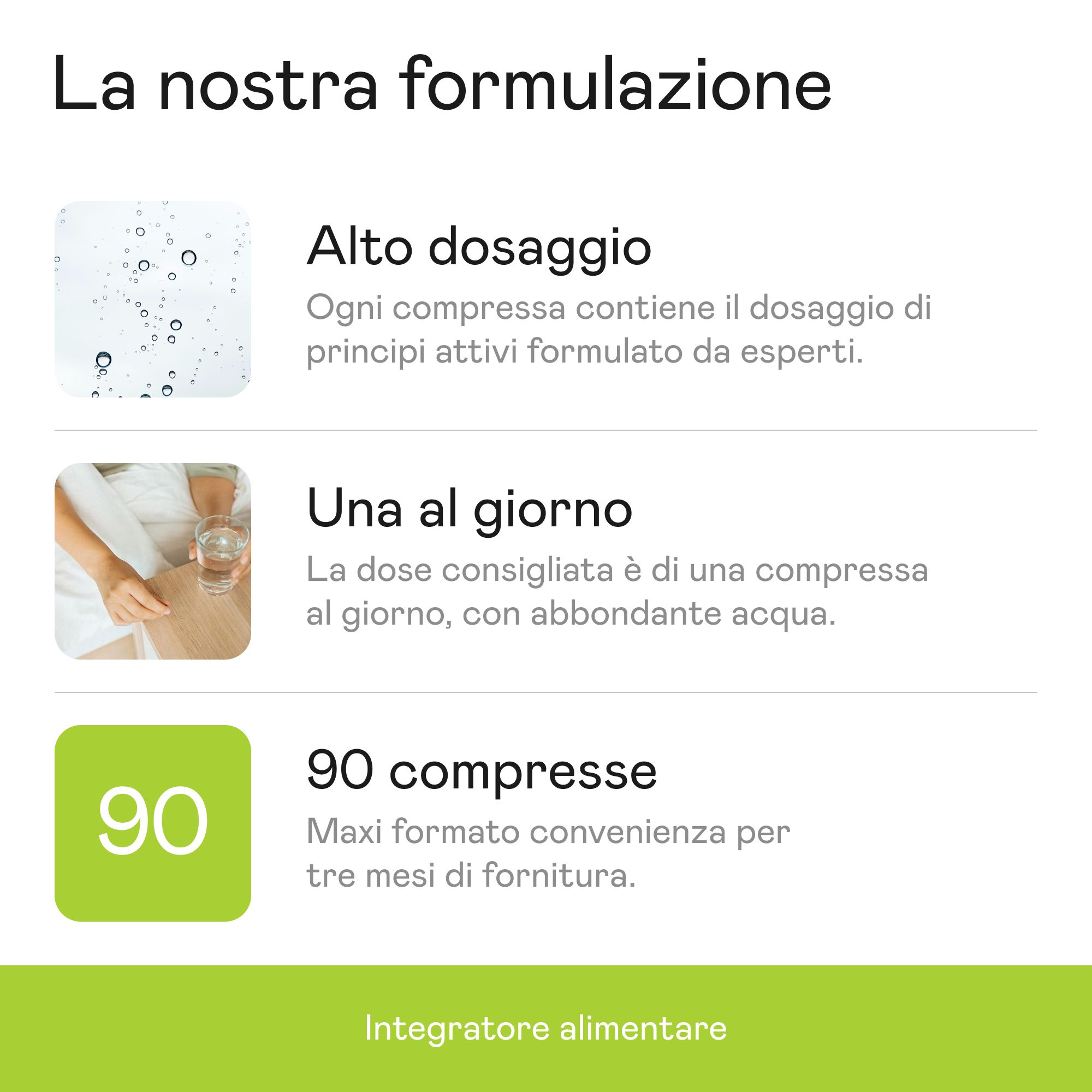 Sezioni di testo: Dosaggio elevato, Uno al giorno, 90 compresse. Sfondo verde con testo bianco.