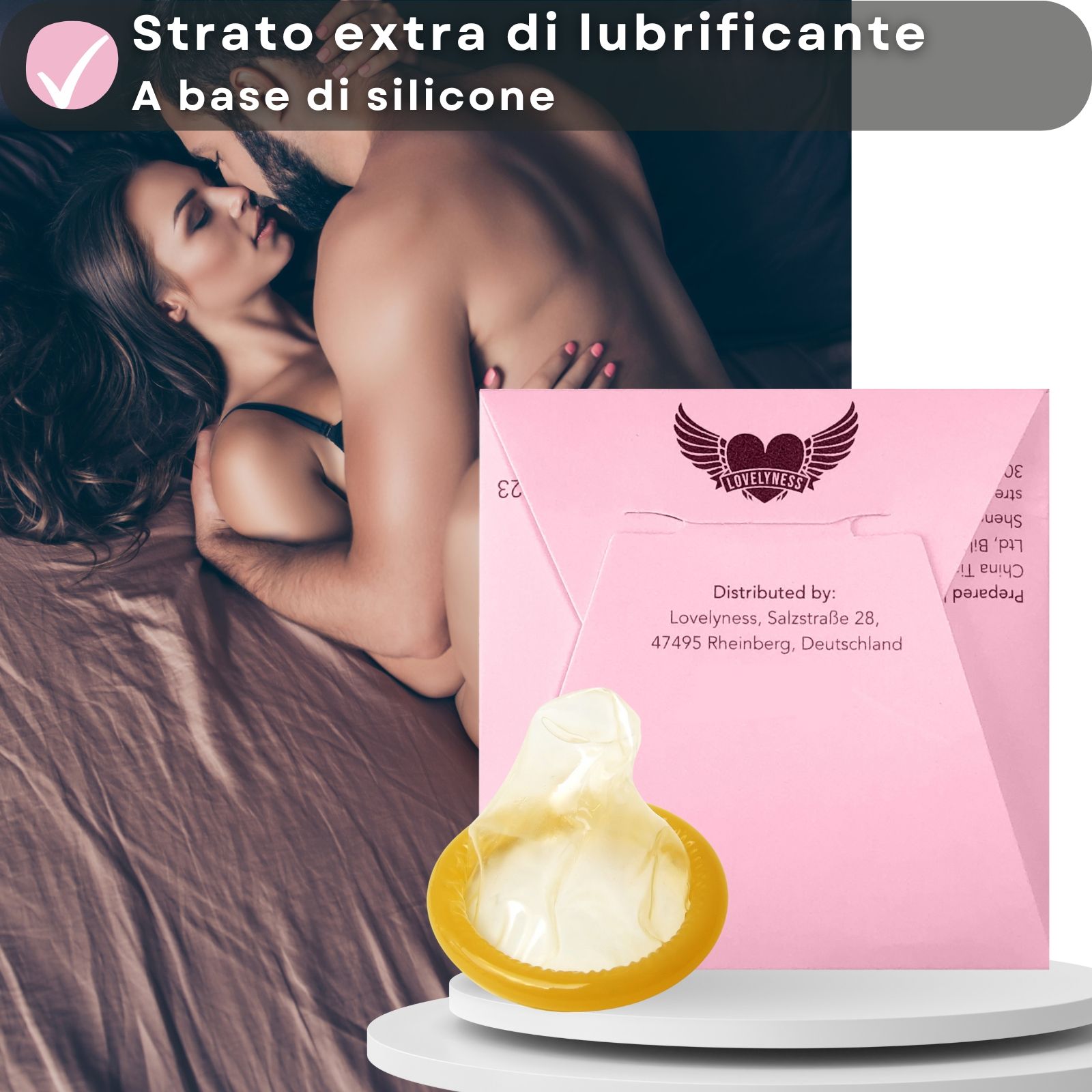 Confezione di preservativi e preservativo. Strato extra di lubrificante a base di silicone.