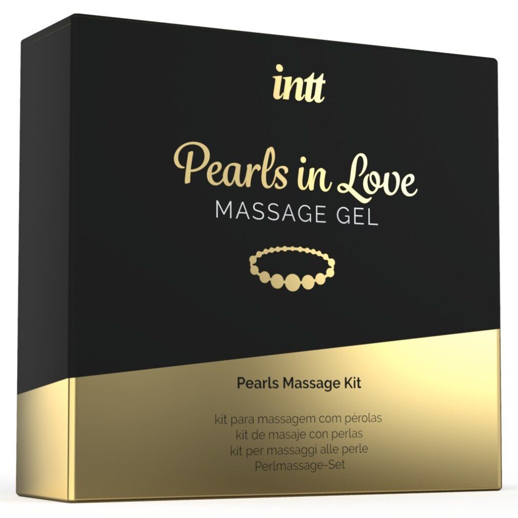 Scatola nera e oro. Scritta: intt, Pearls in Love Massage Gel. Sottotitolo: Pearls Massage Kit.