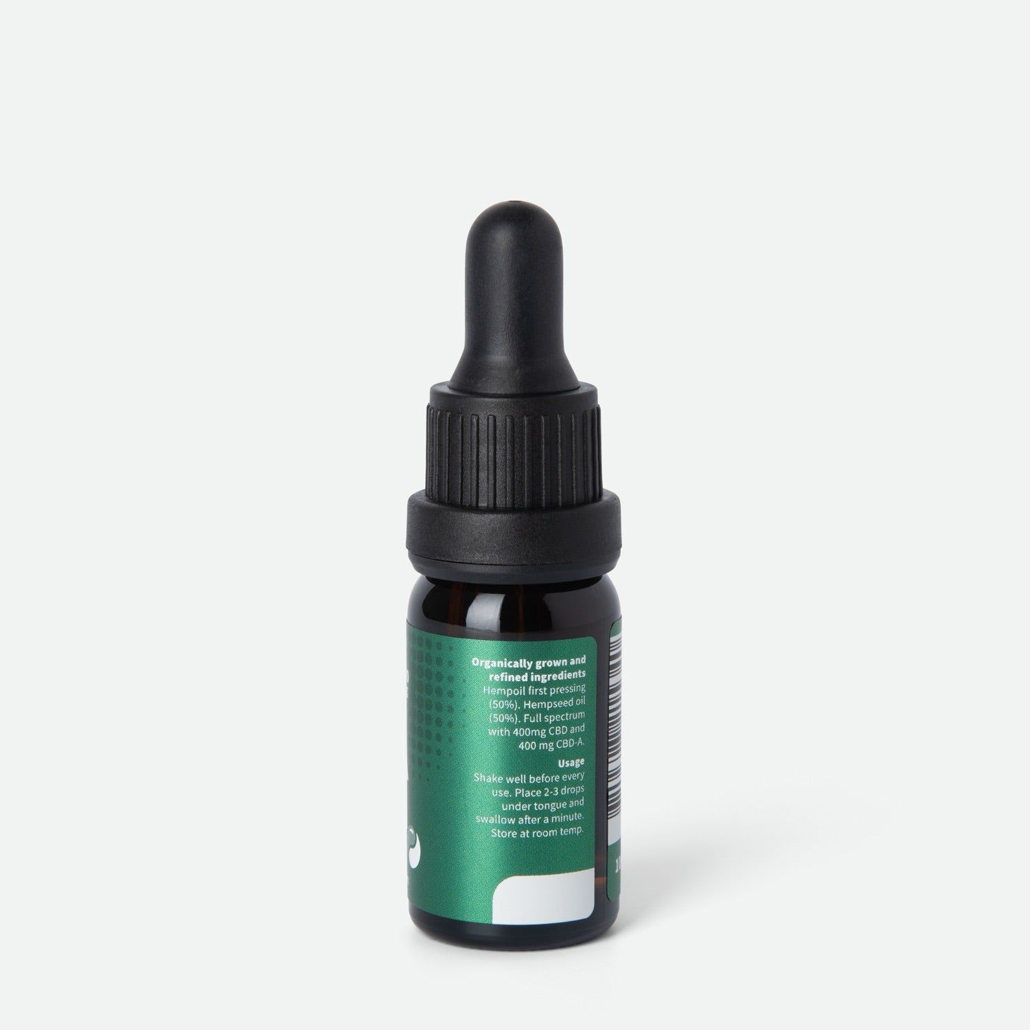 Flacone di vetro marrone con tappo nero e contagocce. Etichetta verde con testo su ingredienti e utilizzo.