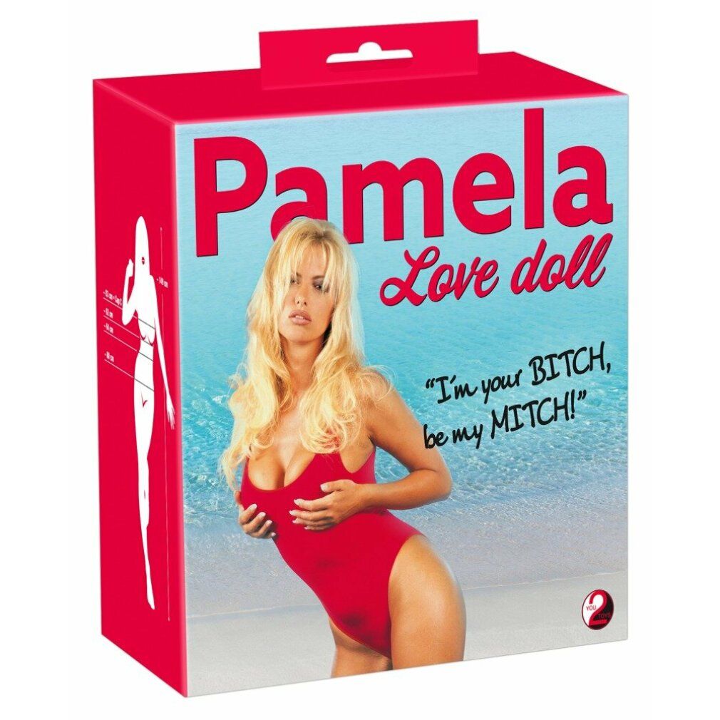 Confezione della bambola Love Pamela. Donna in costume da bagno rosso. Scritte: Pamela, Love doll. Citazione: I'm your BITCH, be my MITCH!