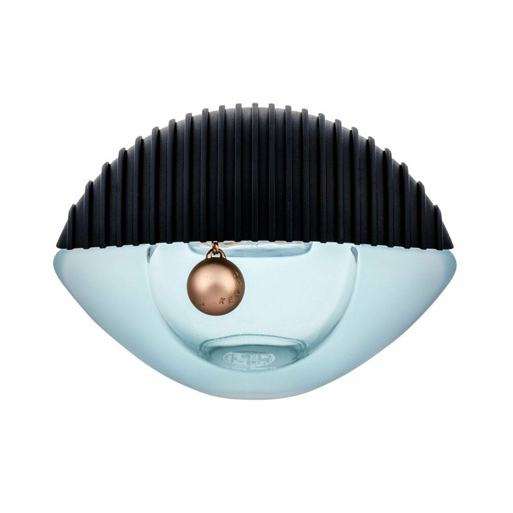 Flacone di profumo azzurro a forma di occhio, tappo nero, pendente dorato.