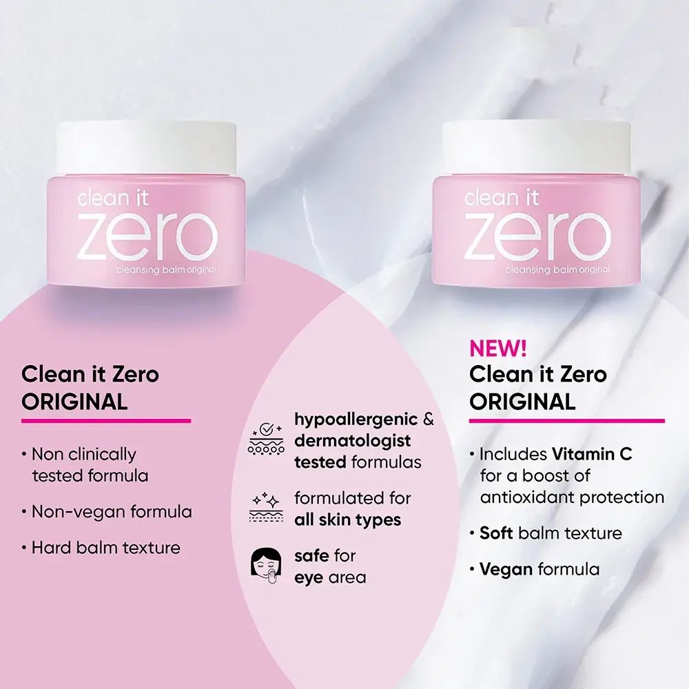 Due vasetti rosa con coperchio bianco. Scritta "clean it zero". Testo: "ORIGINAL", "Non clinically tested formula", "Non-vegan formula".