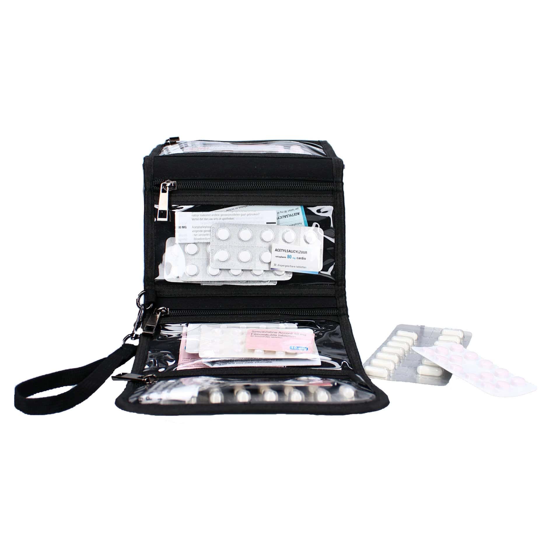 Astuccio nero per medicinali aperto, con pillole e due blister accanto.
