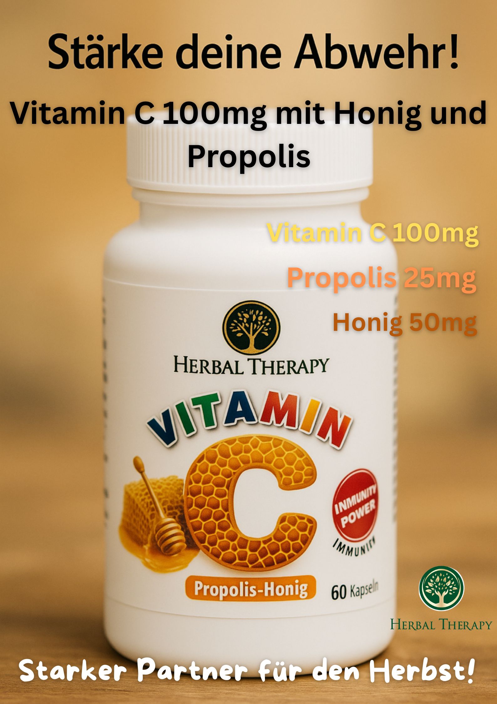 Flacone bianco con Herbal Therapy Vitamina C. Scritta: Propoli-Miele, 60 capsule. Ulteriori informazioni testuali: Vitamina C 100mg, Propoli 25mg, Miele 50mg.