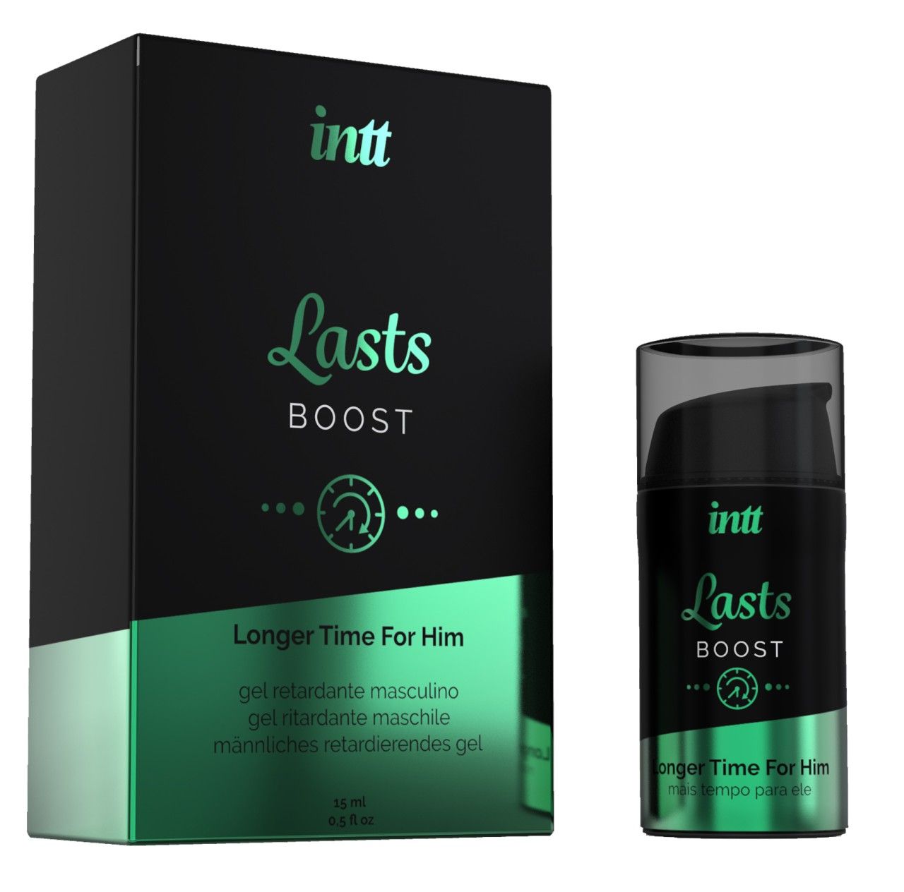 Gel INTT Lasts Boost: Confezione e flacone neri con accenti verdi. Etichetta 'Longer Time For Him'.