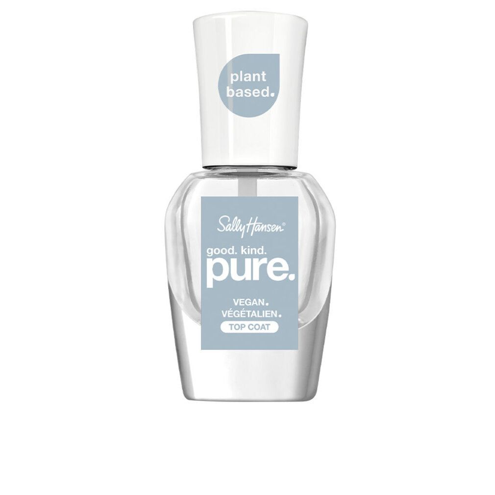 Flacone di smalto trasparente con tappo bianco. Etichetta: "Sally Hansen good. kind. pure. VEGAN. VÉGÉTALIEN. TOP COAT".