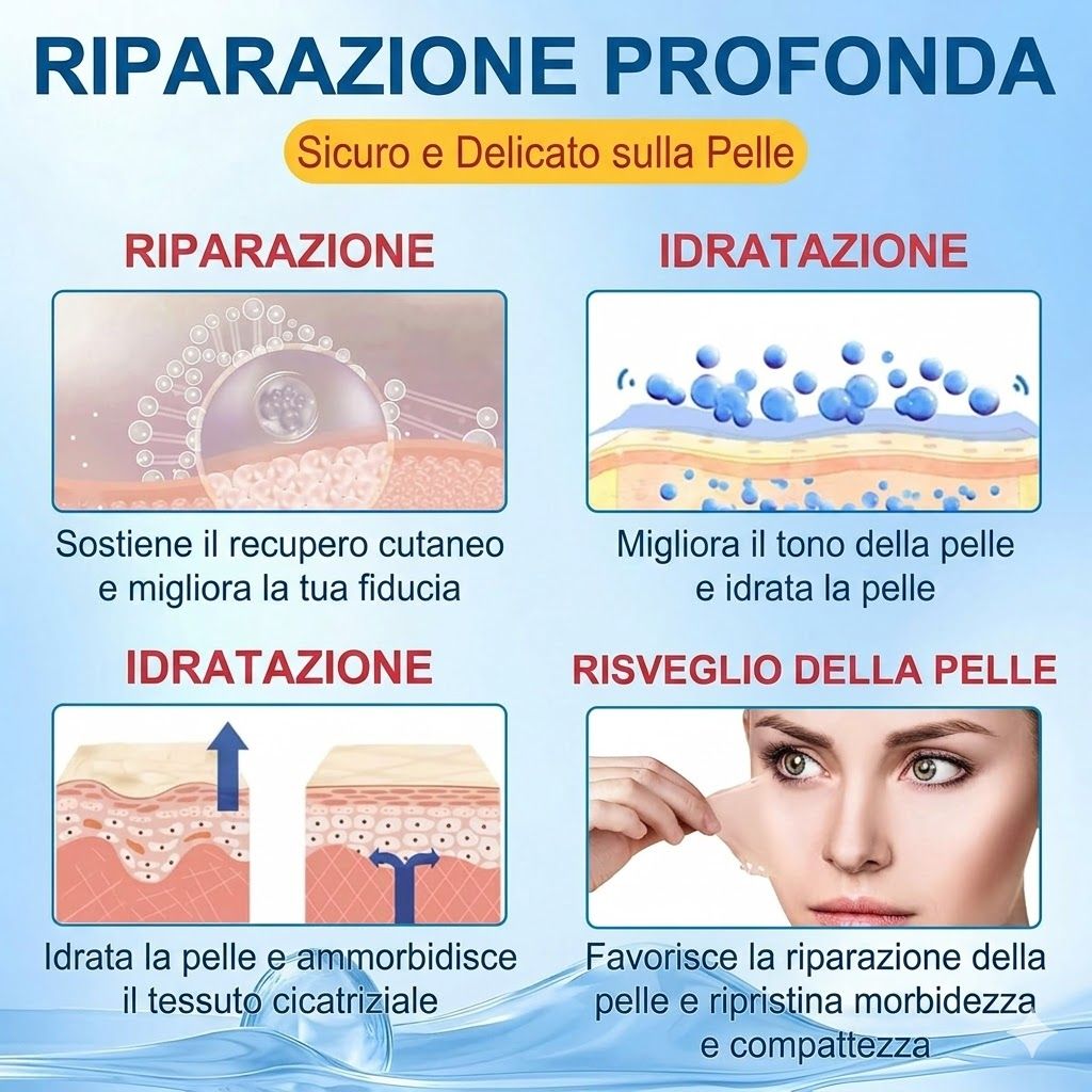 Grafico con quattro sezioni: Riparazione, Idratazione, Idratante, Risveglio della pelle. Testo e illustrazioni.