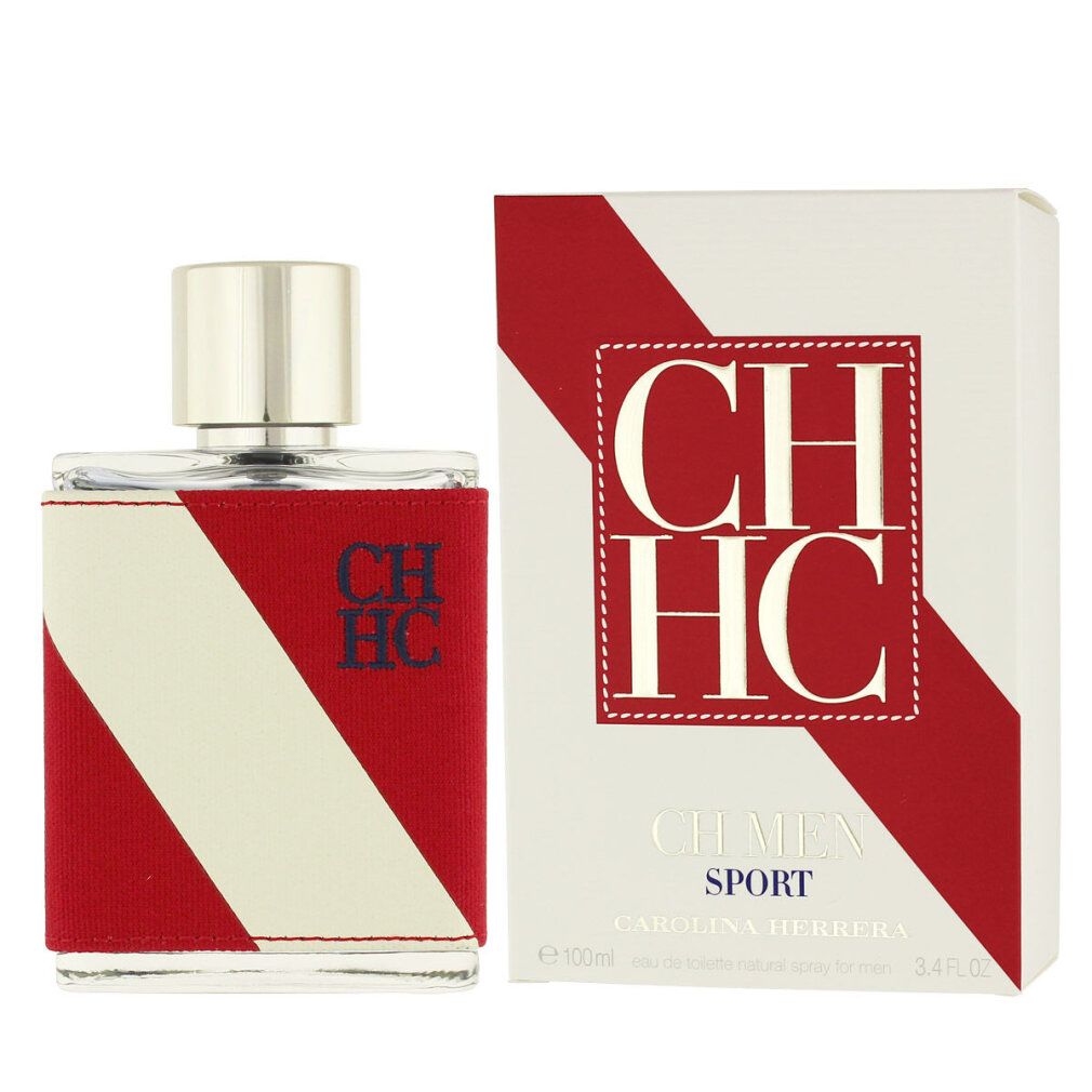 Flacone e confezione con design rosso e bianco. Scritta CH HC, CH Men Sport e Carolina Herrera.