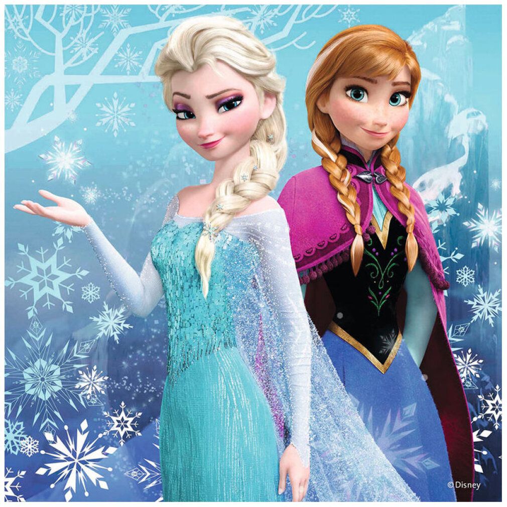 Elsa e Anna su uno sfondo innevato. Elsa indossa un abito blu, Anna un mantello viola.
