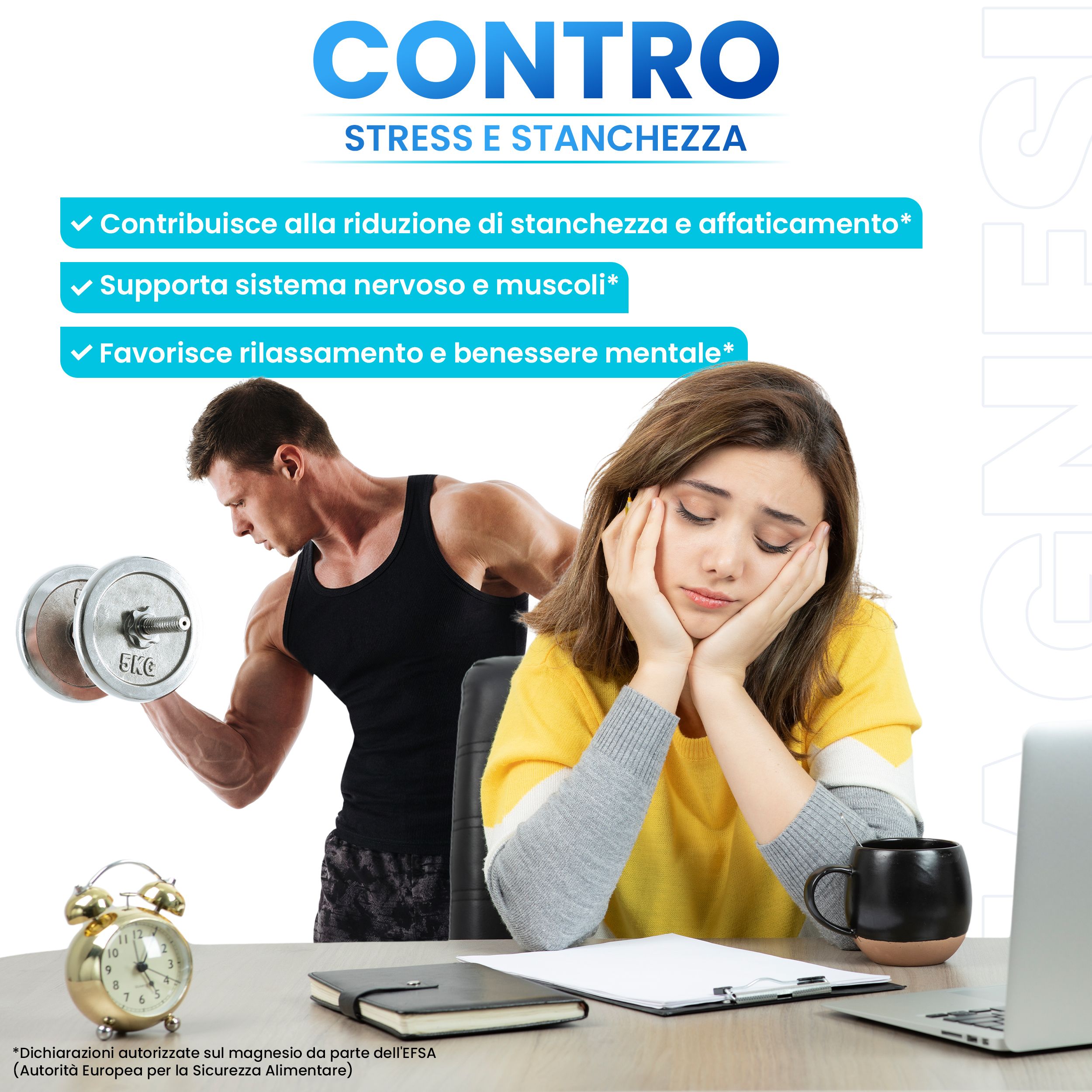 Donna alla scrivania, uomo con manubrio. Testo: Contro stress e stanchezza. Favorisce rilassamento e benessere mentale.