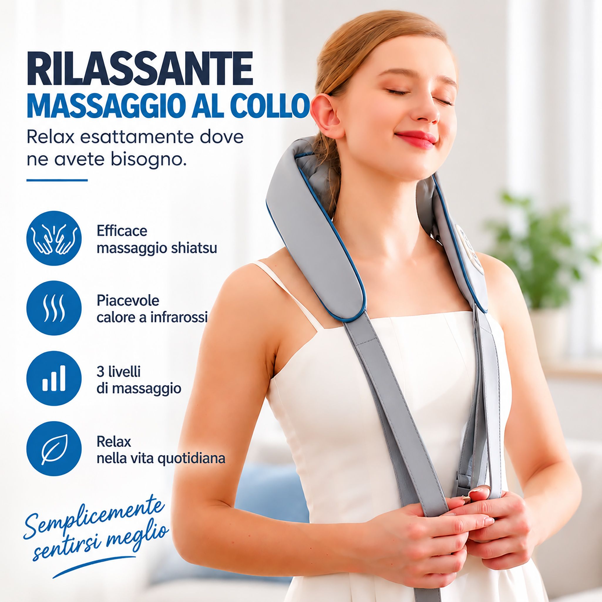 Vista dettagliata dei controlli del massaggiatore per il collo con icone per potenza e calore.