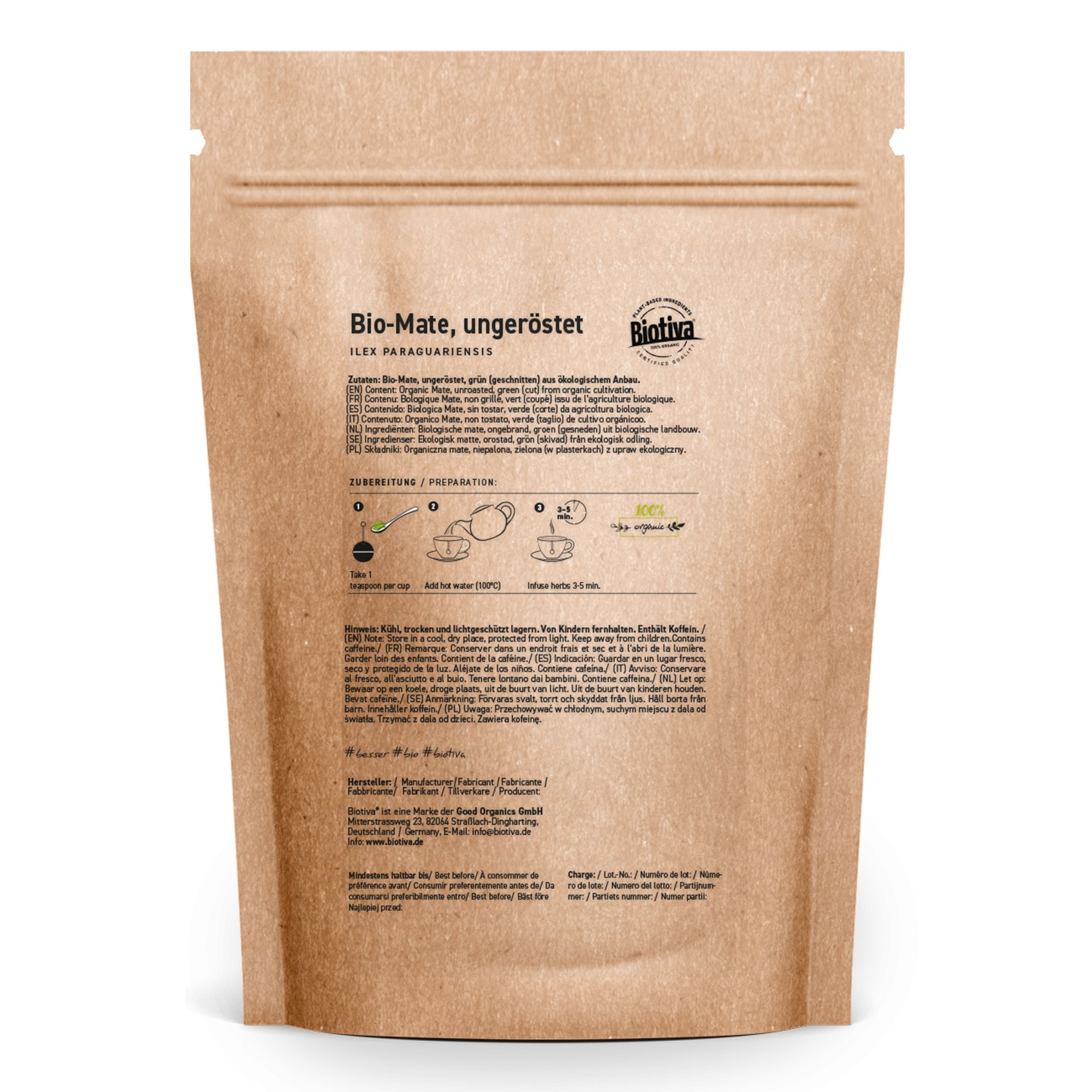 Retro della busta di mate. Testo: Bio-Mate, non tostato. Istruzioni per la preparazione e loghi Biotiva e Great Organic Brands.