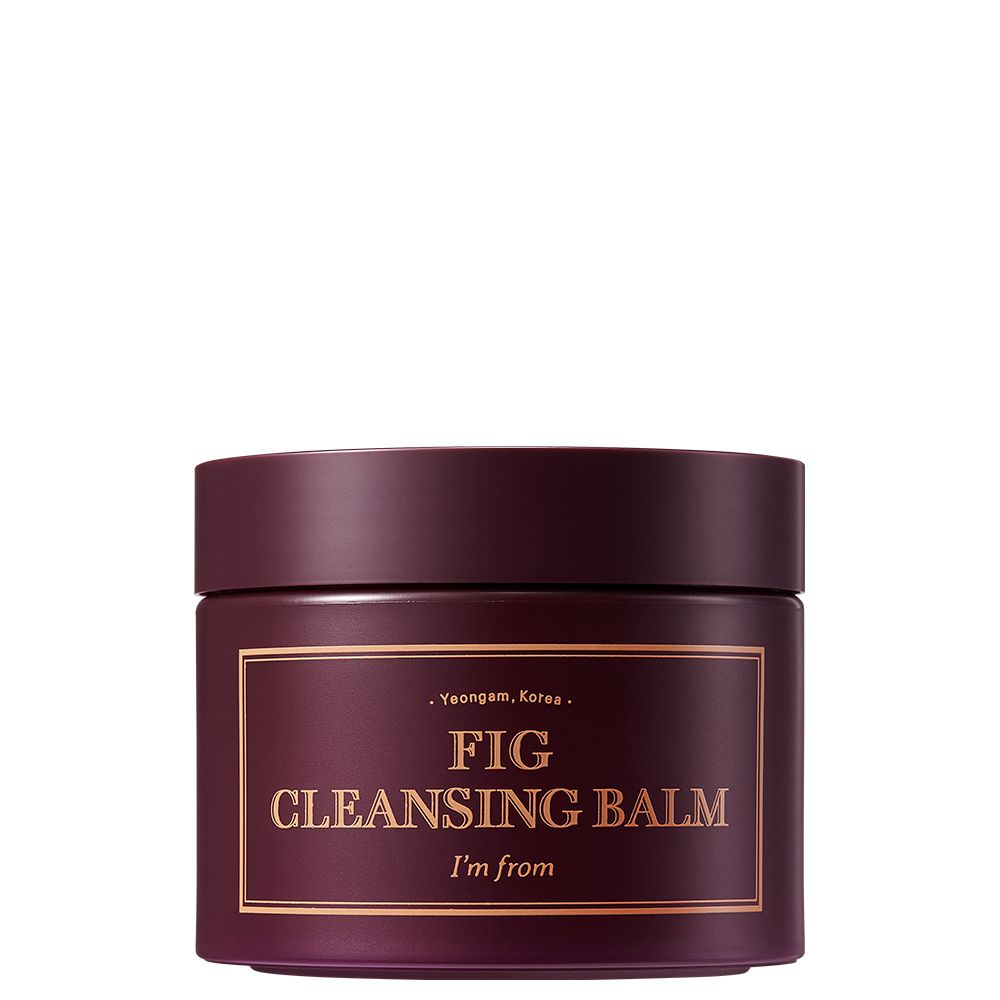 Vasetto bordeaux con scritta dorata: FIG CLEANSING BALM, I'm from. Coperchio e vasetto cilindrici.
