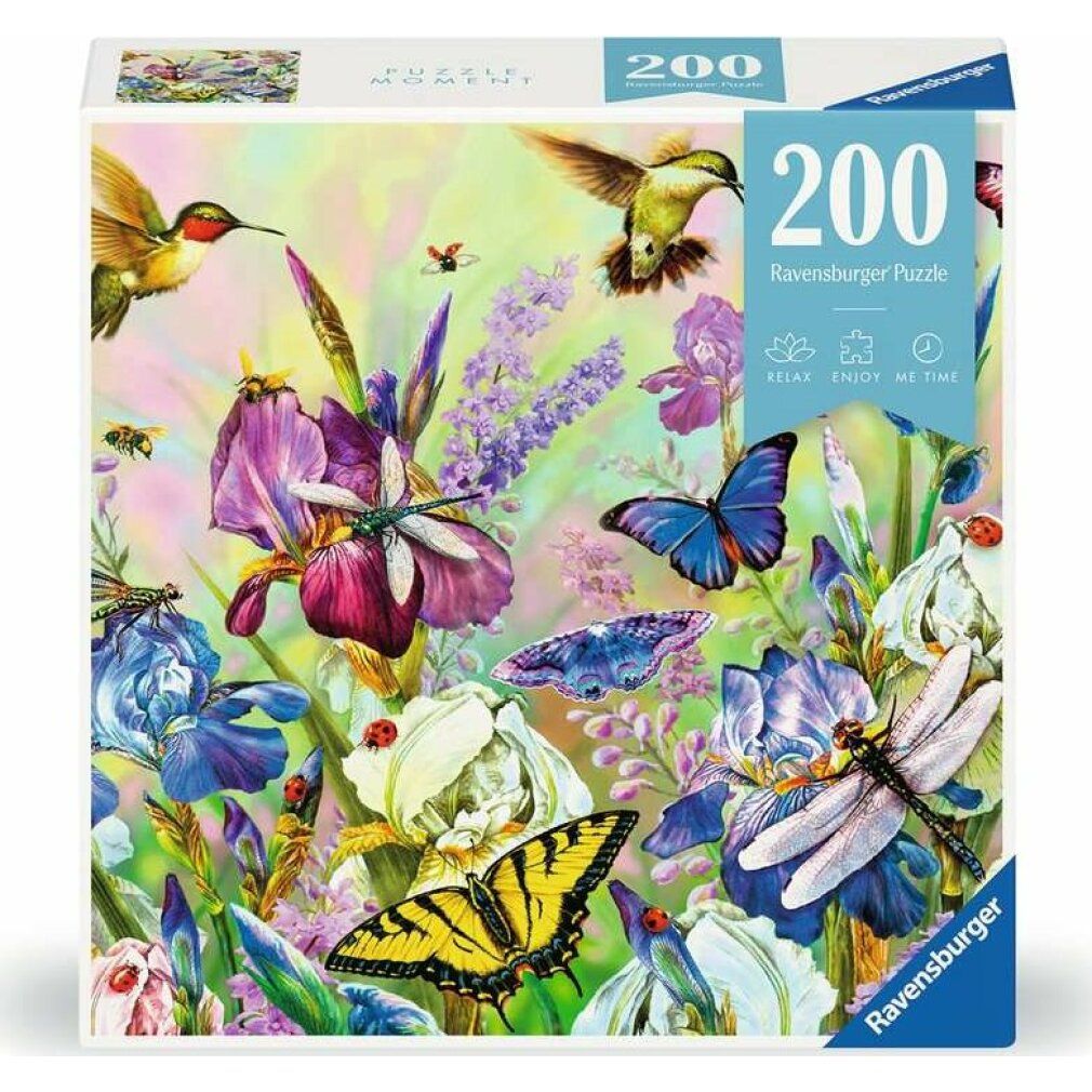 Puzzle in confezione quadrata. Motivo: prato fiorito con farfalle, libellule e colibrì. 200 pezzi.