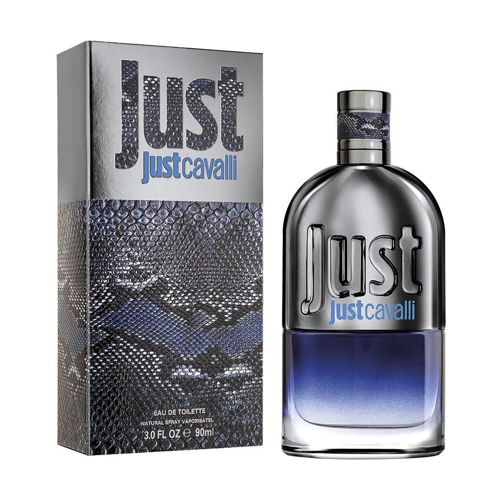 Flacone e confezione Roberto Cavalli Just Cavalli Eau De Toilette Uomo con motivo a pelle di serpente.