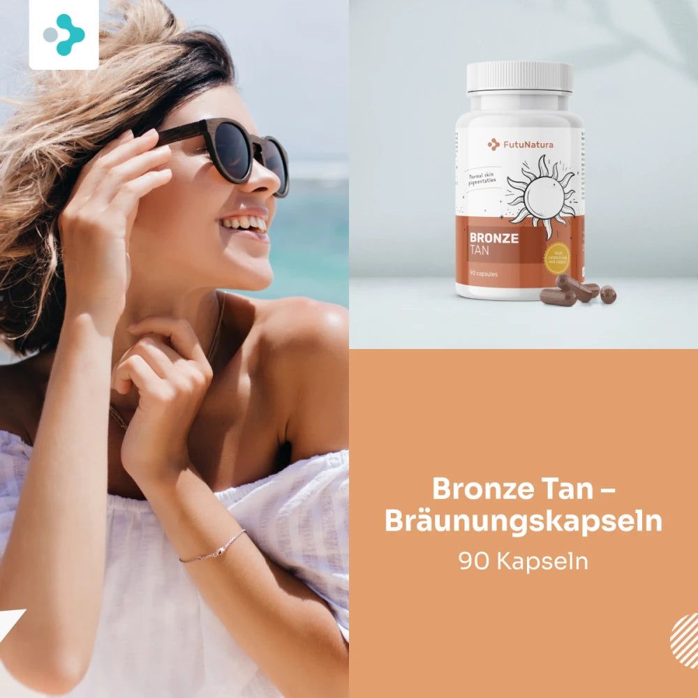 Donna con occhiali da sole in spiaggia. Accanto, flacone di capsule: FutuNatura Bronze Tan. Testo: 90 capsule.