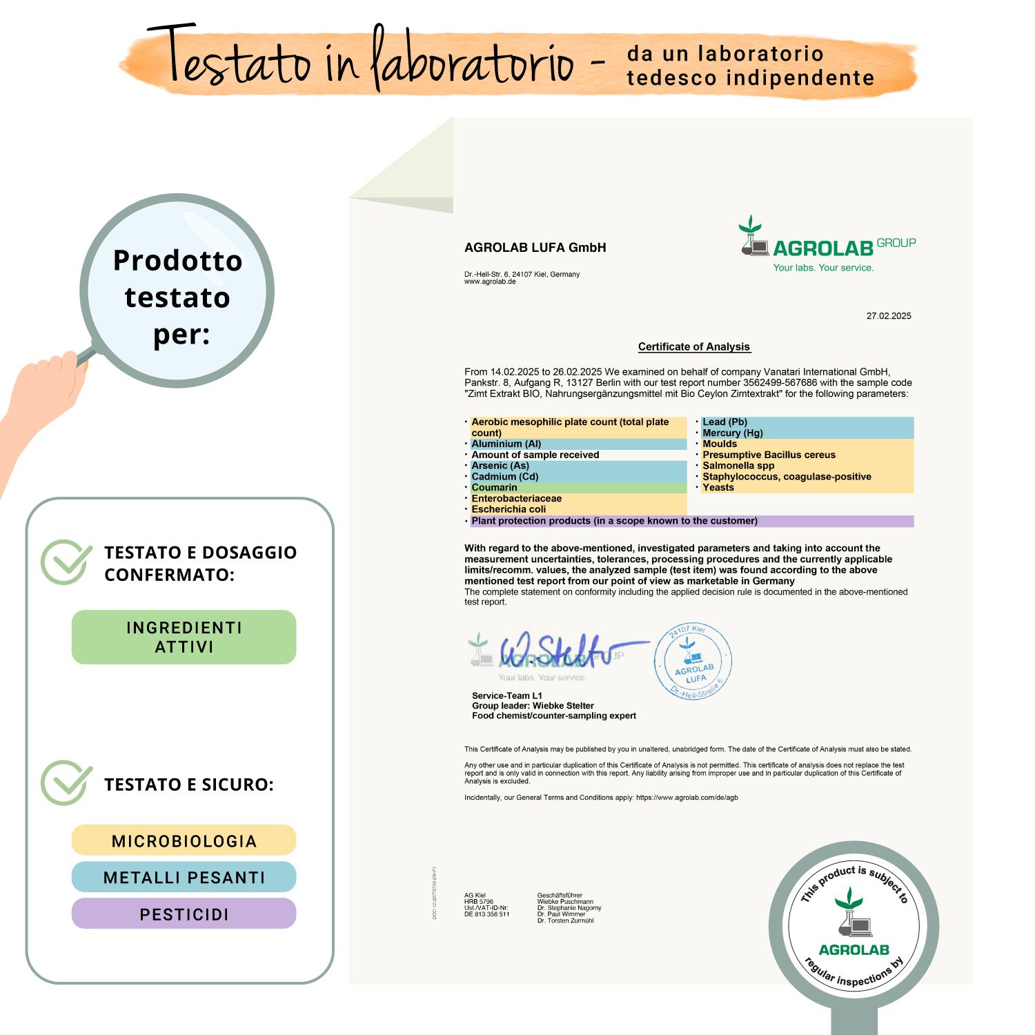 Certificato di Agrolab. Conferma dell'analisi dell'estratto di cannella di Ceylon. Testato per ingredienti, microbiologia, metalli pesanti e pesticidi.