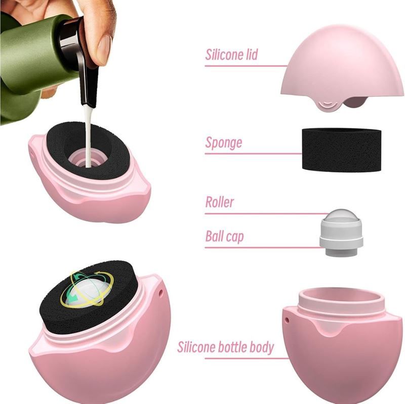 Schema esploso di un applicatore rosa. Parti: coperchio, spugna, sfera, corpo. Etichette: Silicone lid, Sponge, Roller, Ball cap, Silicone bottle body.