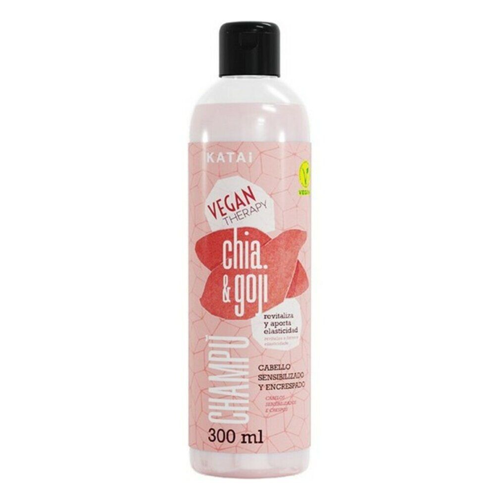 Flacone di shampoo Katai Chia & Goji. Etichetta rosa con testo e logo. Tappo nero. Sigillo vegano.