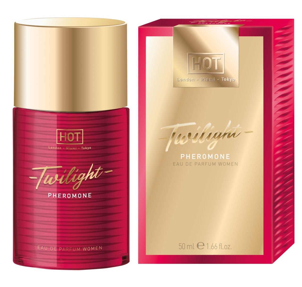 Profumo Pheromone Twilight da donna in flacone rosso con tappo e scatola dorati.