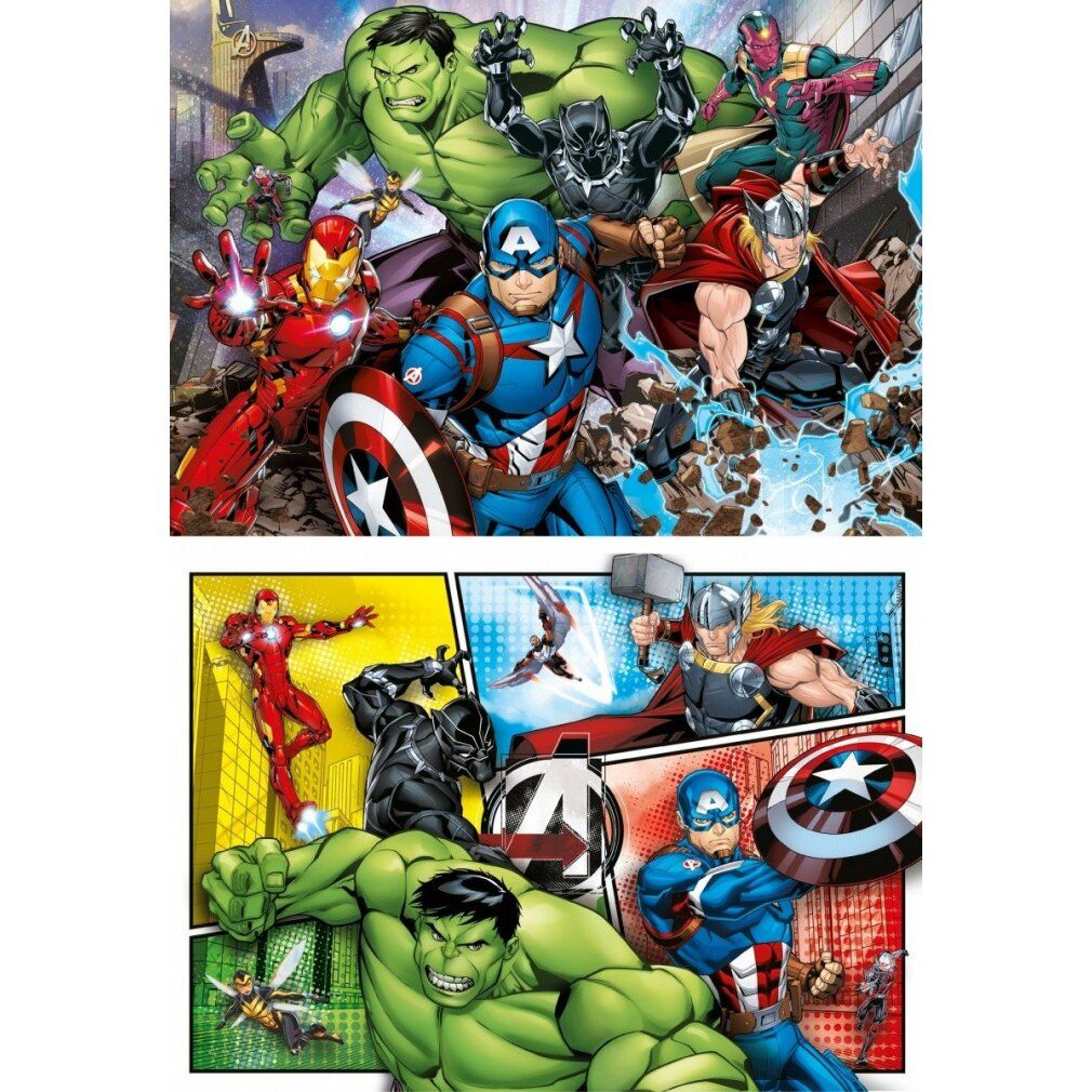 Puzzle Clementoni The Avengers, 2x60 pezzi. Stile fumetto, personaggi Avengers. Due puzzle, Hulk, Iron Man, Captain America, Thor, Black Panther, Vision.