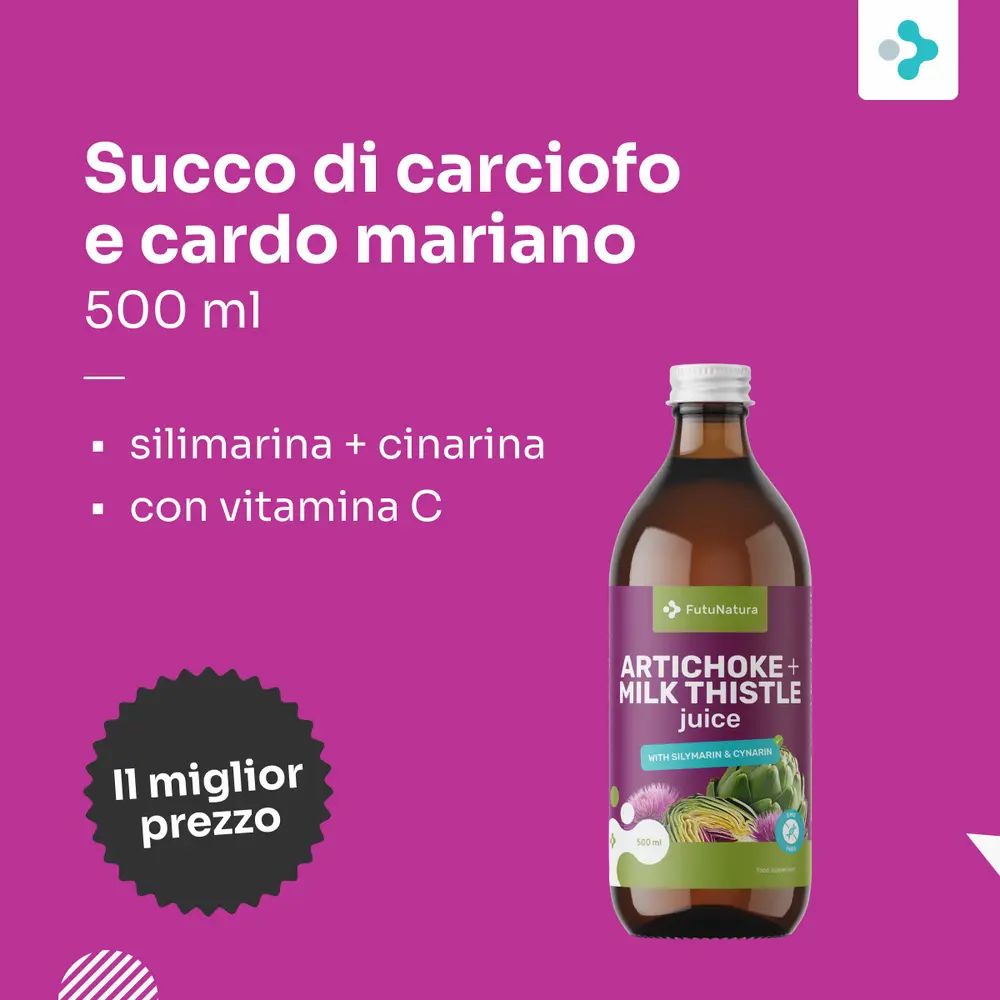 Bottiglia con etichetta, nome del prodotto e illustrazioni. Testo: Succo di carciofo e cardo mariano, 500 ml. Ingredienti: Silimarina + Cinarina, Vitamina C.