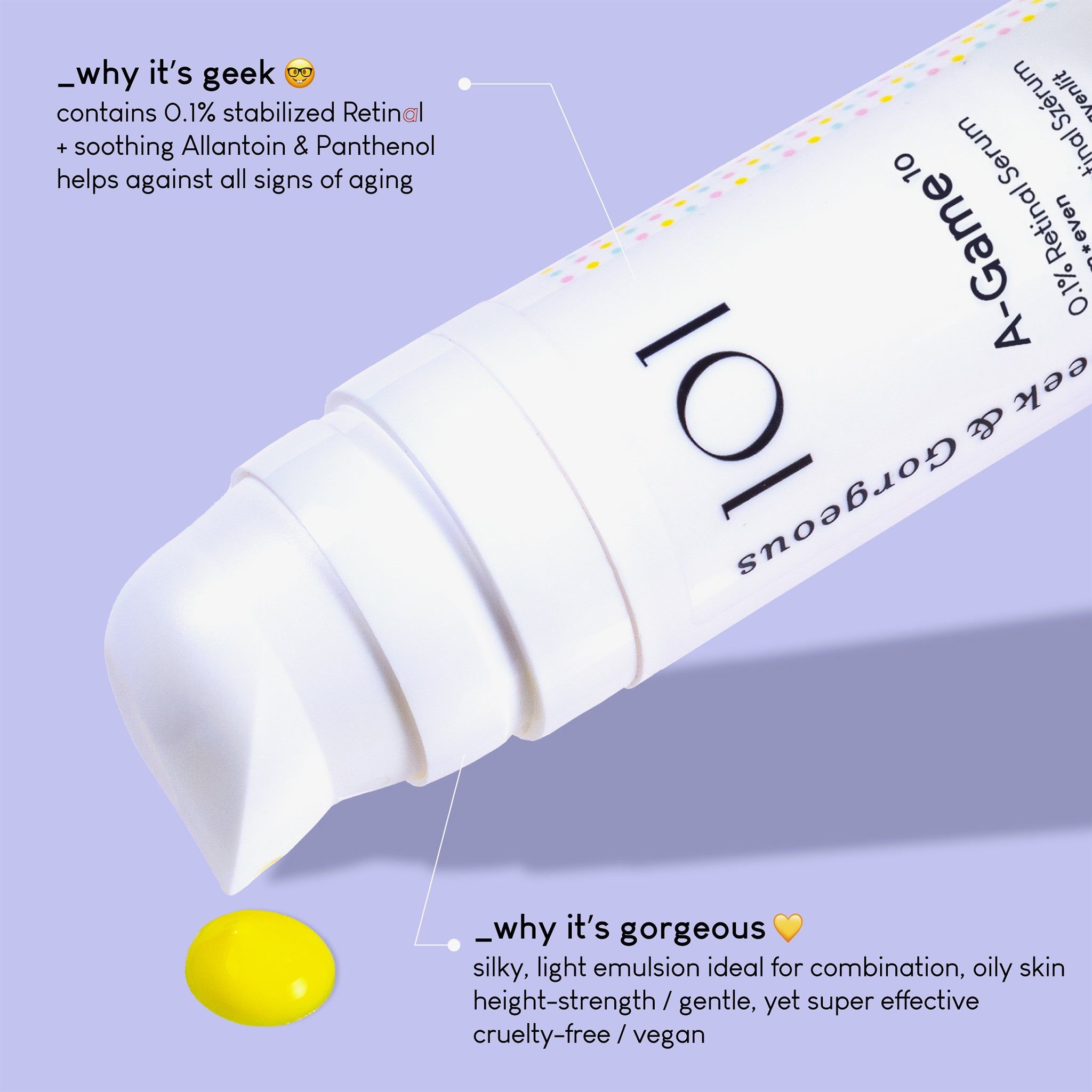 Flacone Geek & Gorgeous A-Game 10. Flacone bianco con pompa. Scritta: A-Game 10 e Geek & Gorgeous.