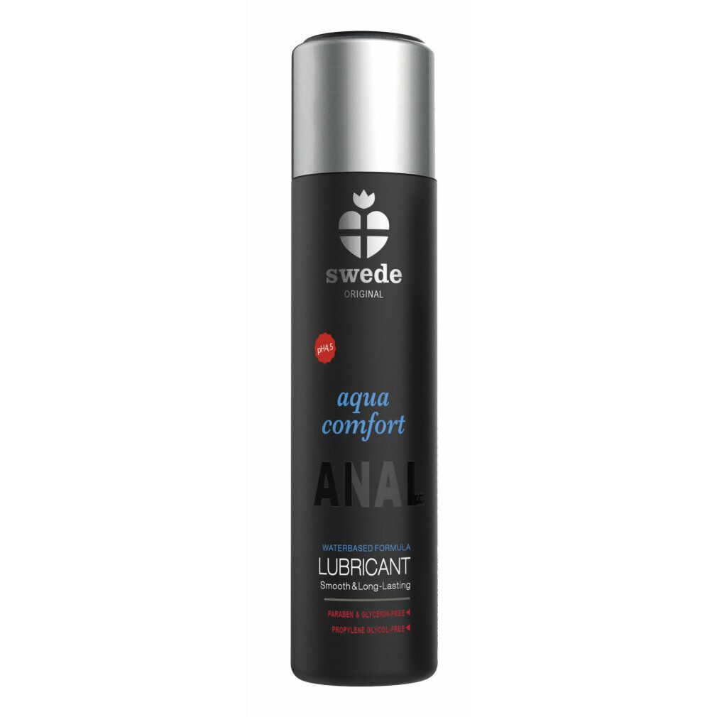Flacone cilindrico nero con tappo argentato. Scritta bianca: "aqua comfort ANAL LUBRICANT". Marchio Swede.