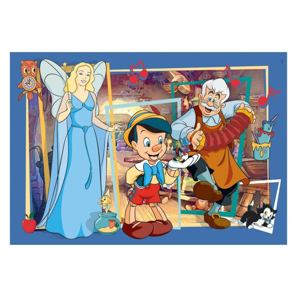 Puzzle con Pinocchio e altri personaggi. Sfondo blu con cornice.