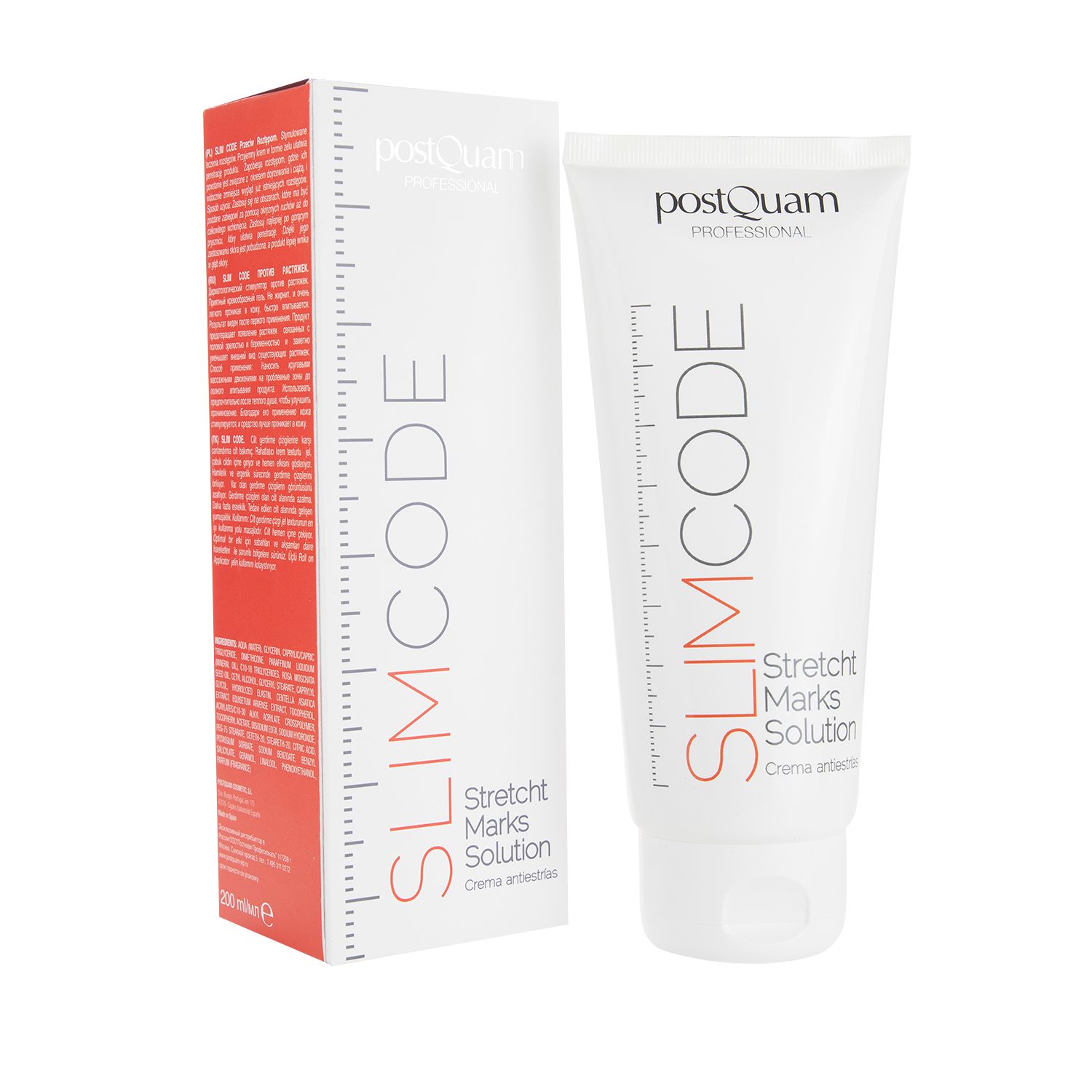Tubo bianco e scatola con scritta rossa SLIMCODE e Stretch Marks Solution. Marchio Postquam.