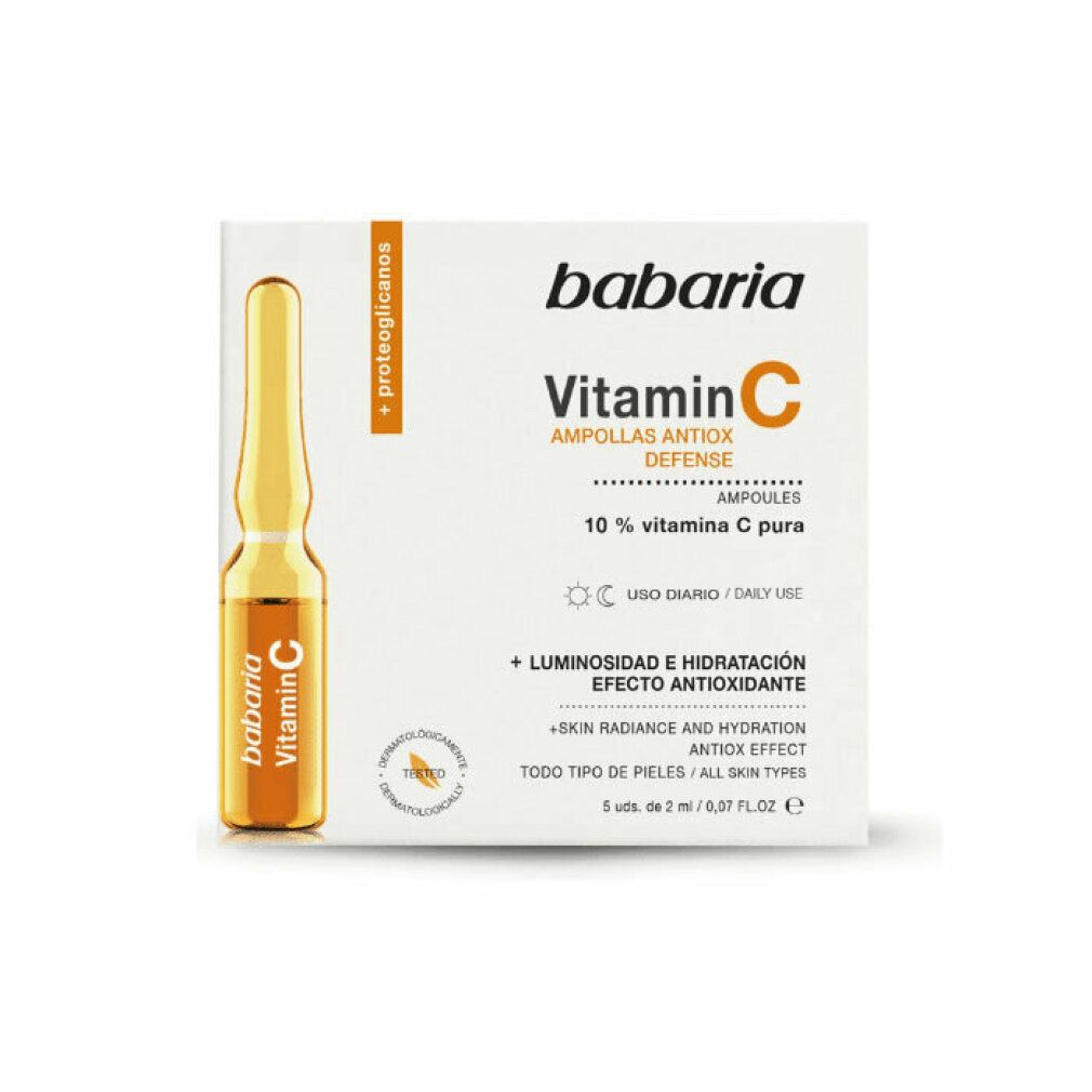 Confezione di fiale Babaria alla vitamina C. Contiene una fiala e una scatola con informazioni sul prodotto. Dermatologicamente testato.