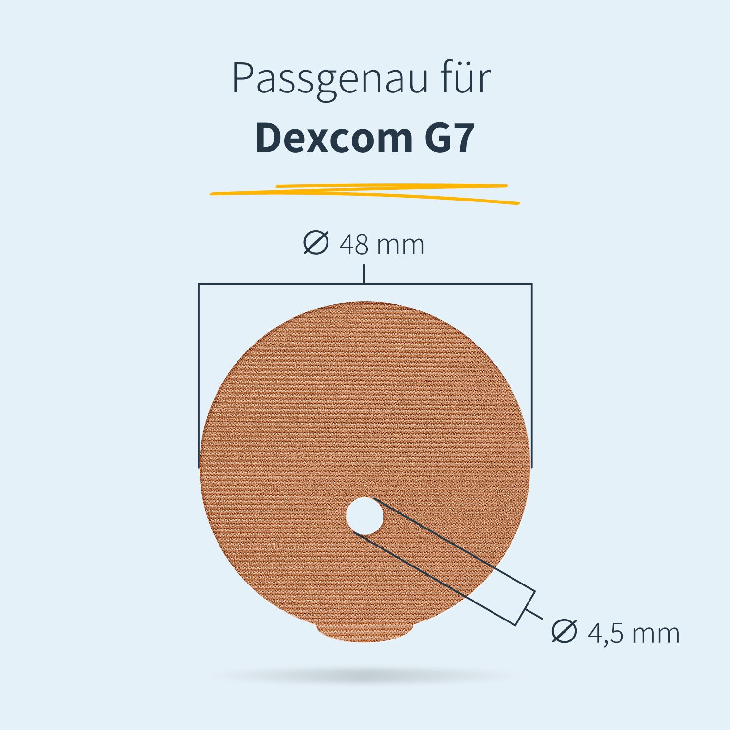 Cerotto rotondo con diametro di 48 mm e foro di 4,5 mm. Testo: Adattamento perfetto per Dexcom G7.