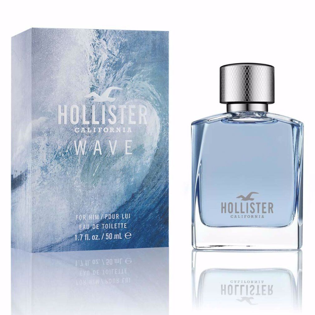 Eau de toilette azzurra in flacone quadrato di vetro con tappo argentato. Accanto, scatola con motivo a onde e testo.