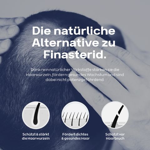 Testo: L'alternativa naturale alla finasteride. Illustrazioni: radici, capelli densi, rottura.
