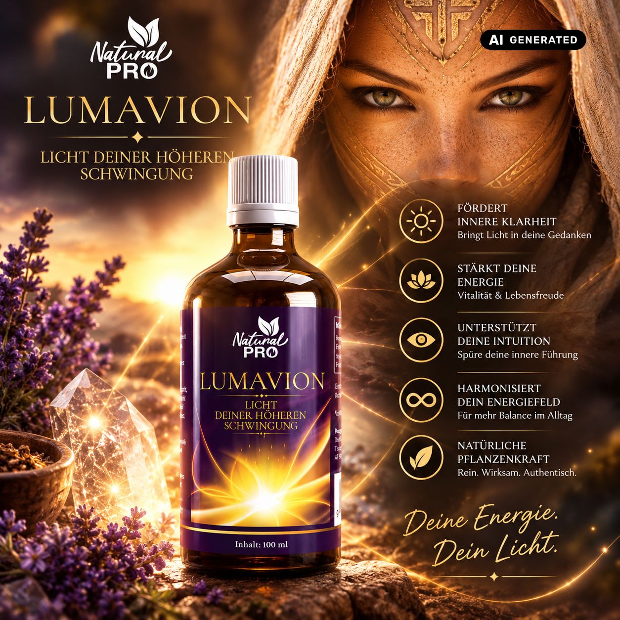 Flacone in vetro marrone scuro con essenza Lumavion, circondato da lavanda e cristalli. L'etichetta mostra raggi di luce dorati e i benefici del prodotto.
