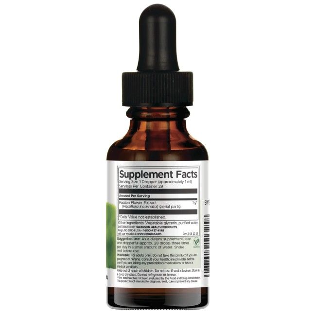Retro della bottiglia di estratto liquido di passiflora Swanson con informazioni nutrizionali.