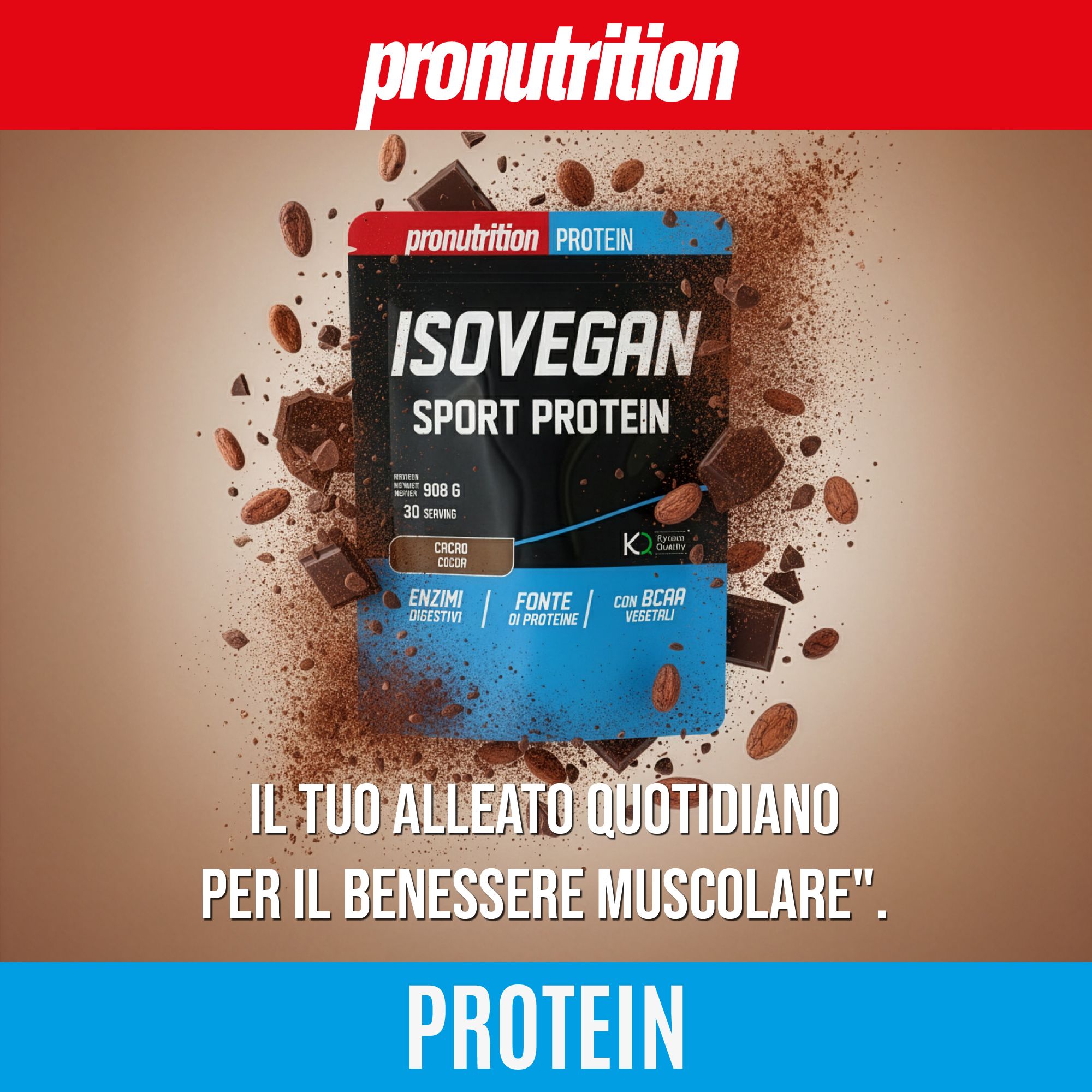 Confezione IsoVegan Sport Protein con pezzi di cioccolato e mandorle. Testo: Il tuo alleato quotidiano per il benessere muscolare.