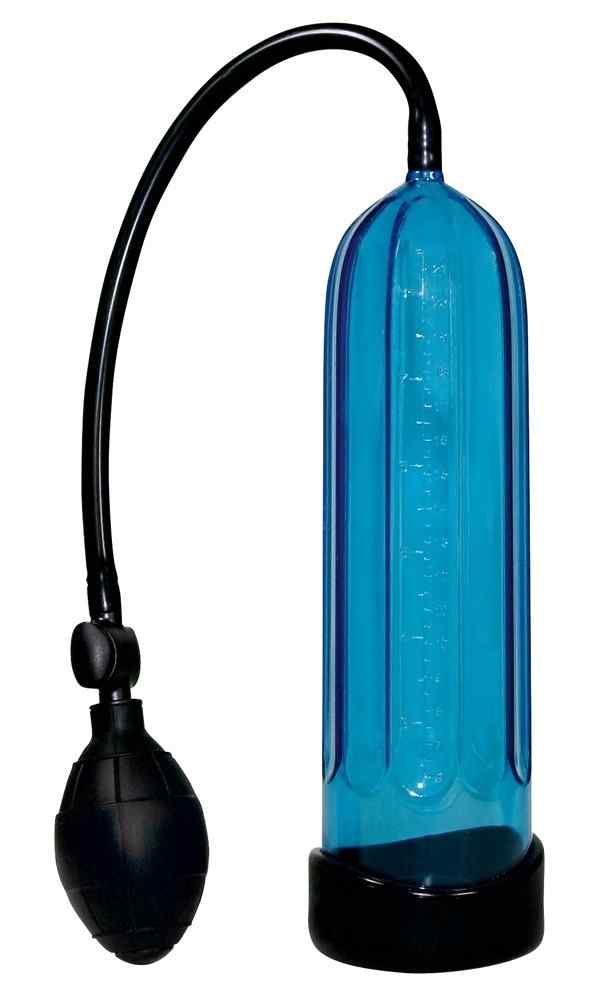 Cilindro blu con pompa e tubo neri. Base e pompa nere. Scala graduata sul cilindro.