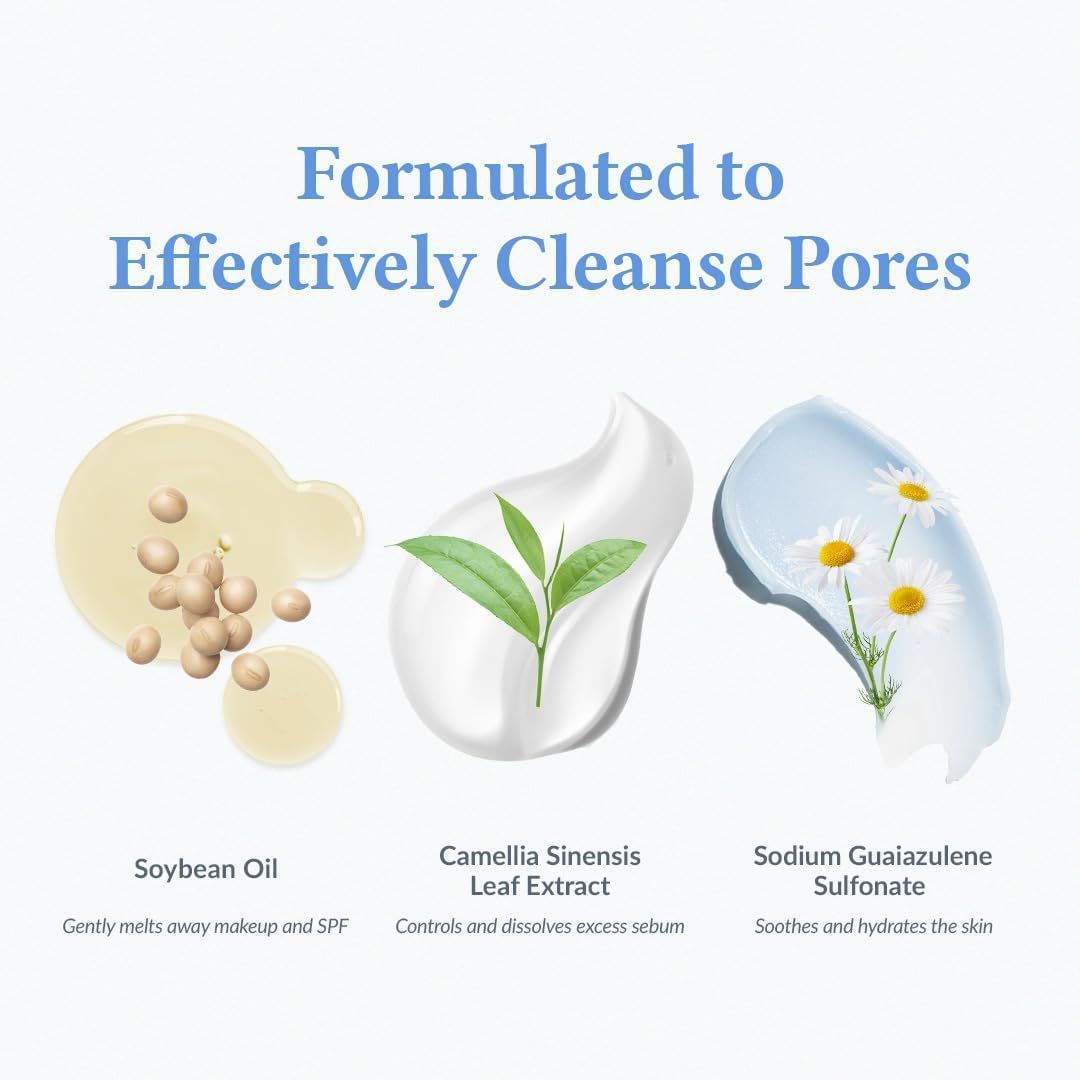 Tre illustrazioni di ingredienti: Olio di soia, estratto di foglie di camomilla, sodio guaiazulene solfonato. Testo: Formulato per pulire i pori.