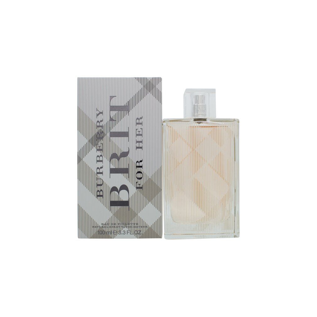Flacone di profumo e confezione. Flacone rettangolare trasparente. Confezione con motivo a quadri e scritta Burberry Brit for Her.