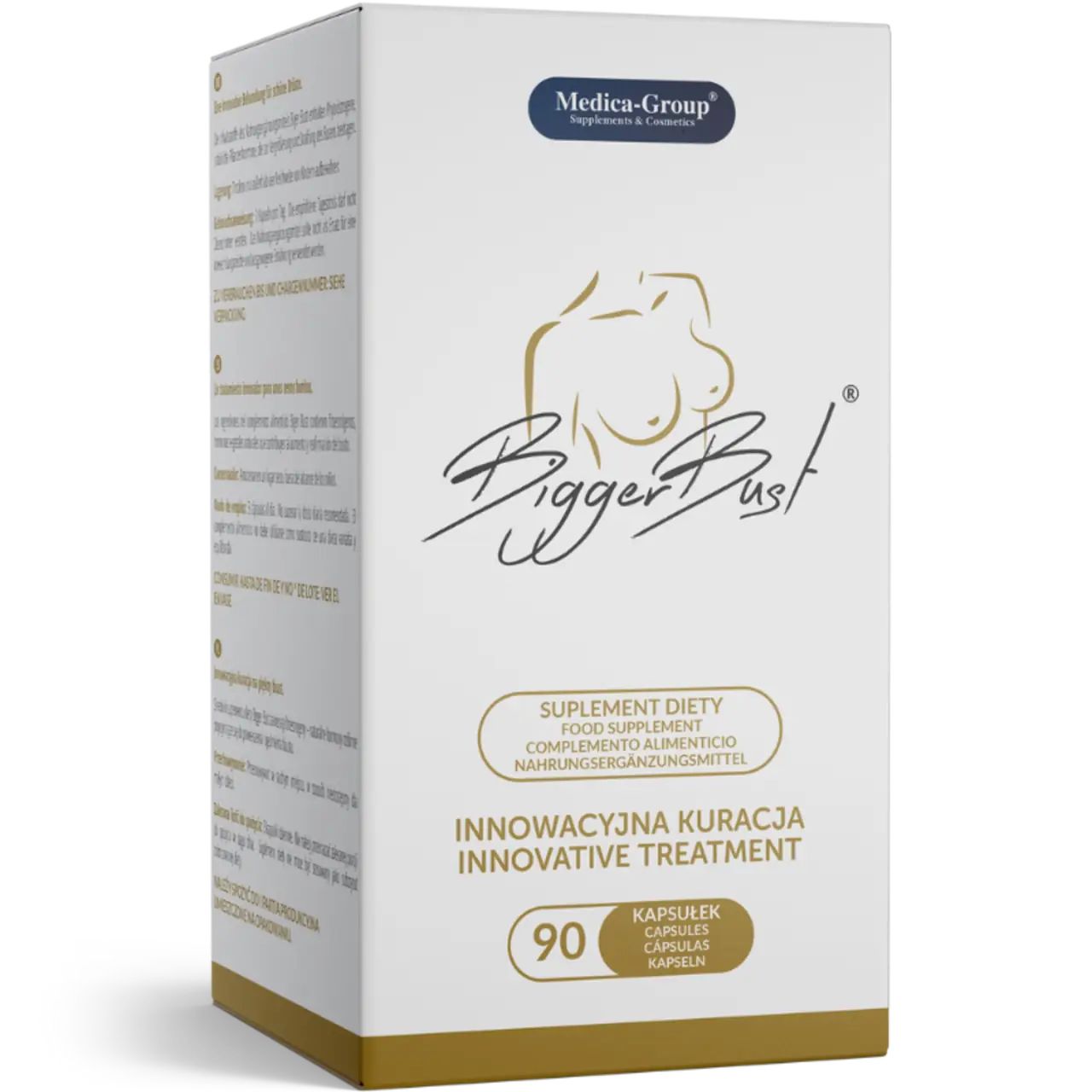 Scatola bianca con stampa del prodotto. Scritta: BiggerBust, Medica-Group, 90 capsule. Trattamento innovativo. Integratore alimentare.