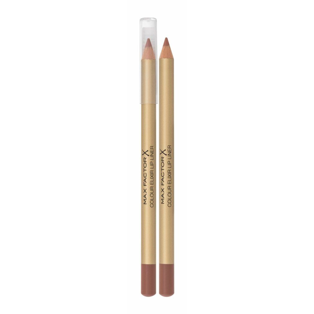 Due matite labbra dorate con cappucci trasparenti. Scritta: Max Factor Colour Elixir Lipliner.
