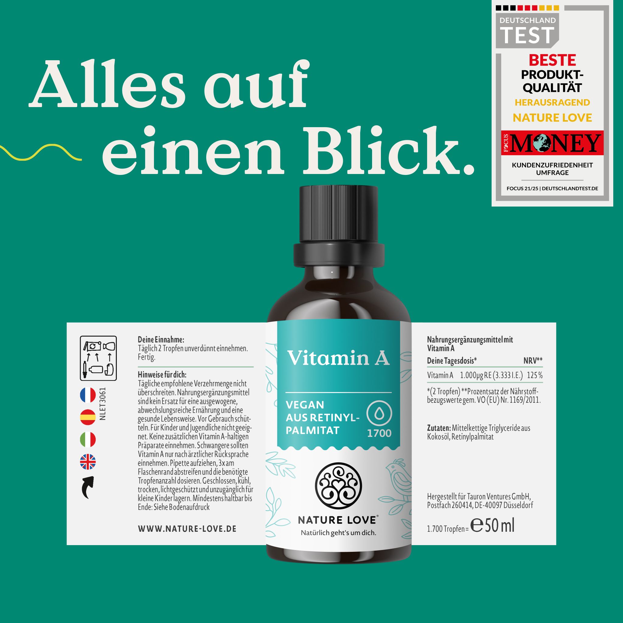 Flacone di gocce di Vitamina A, etichetta con informazioni nutrizionali e sigilli, "Migliore qualità del prodotto".