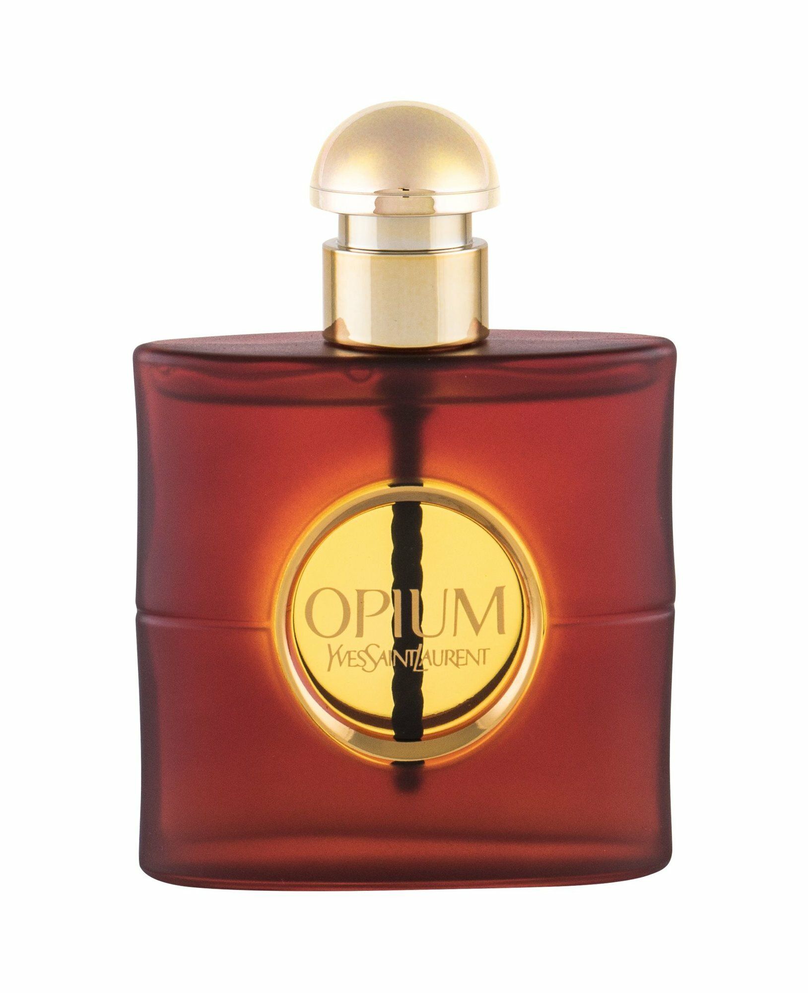 Flacone marrone scuro con tappo dorato. Etichetta dorata con "Opium" e logo Yves Saint Laurent. Design quadrato, elegante.