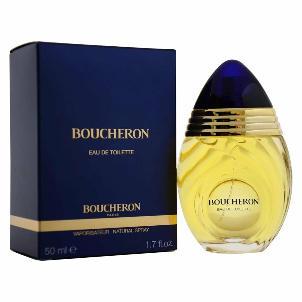 Flacone e scatola. Flacone giallo, tappo blu-oro. Scatola blu, testo dorato. "Boucheron Eau de Toilette".