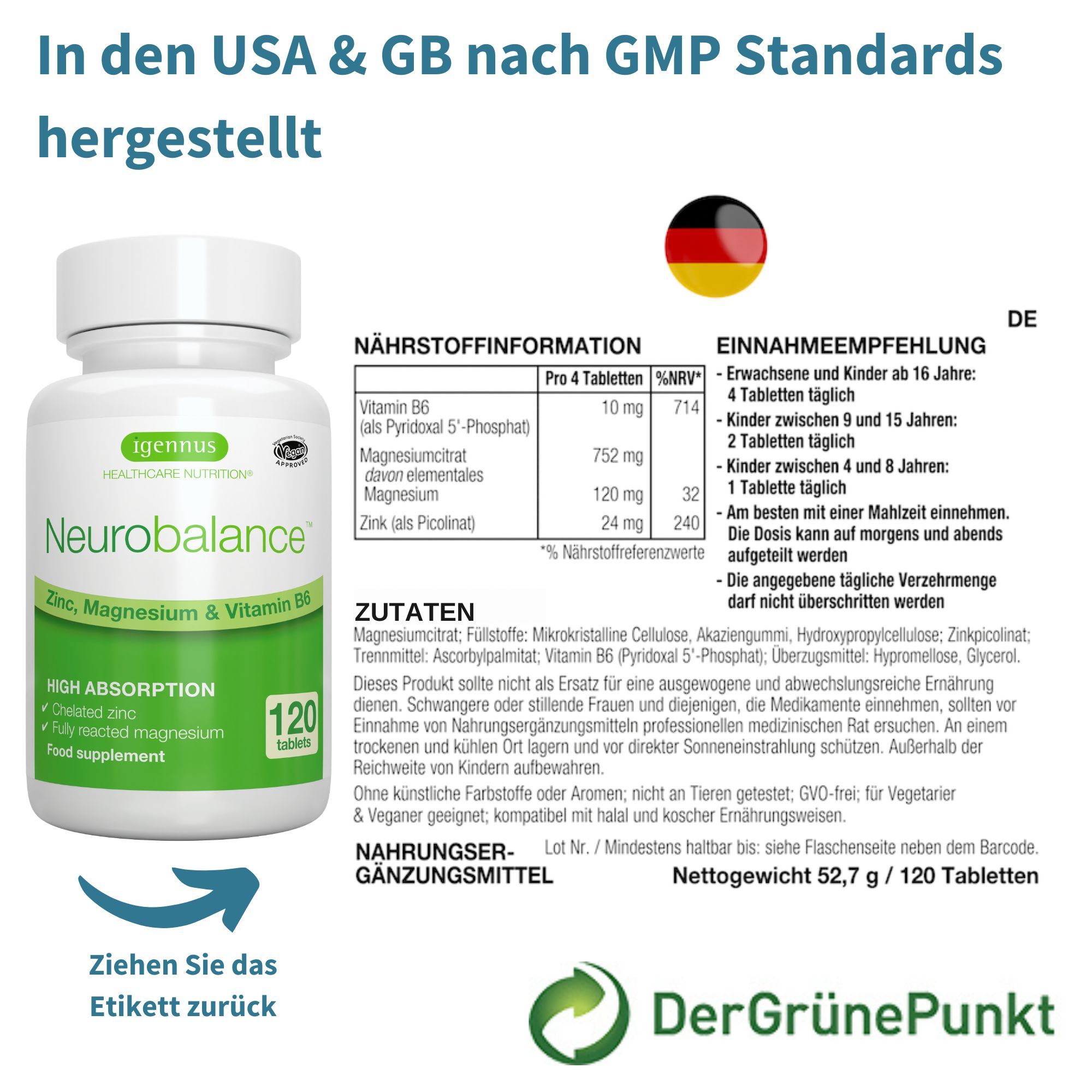 Flacone bianco di compresse, etichetta con informazioni. Testo: Prodotto negli USA e nel Regno Unito secondo gli standard GMP. Informazioni nutrizionali. Raccomandazioni.