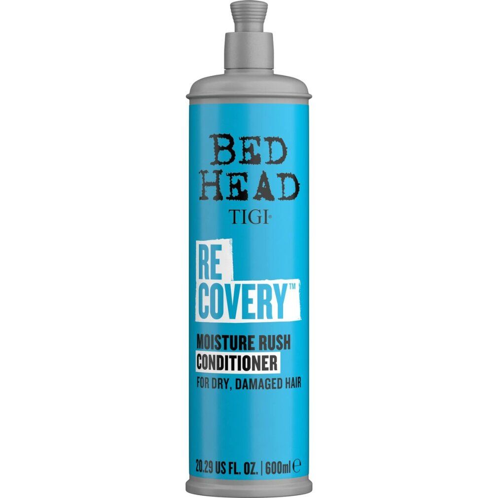Flacone blu e grigio con pompa. Bed Head Tigi Recovery Conditioner. Testo: Moisture Rush, per capelli secchi e danneggiati. 600ml.