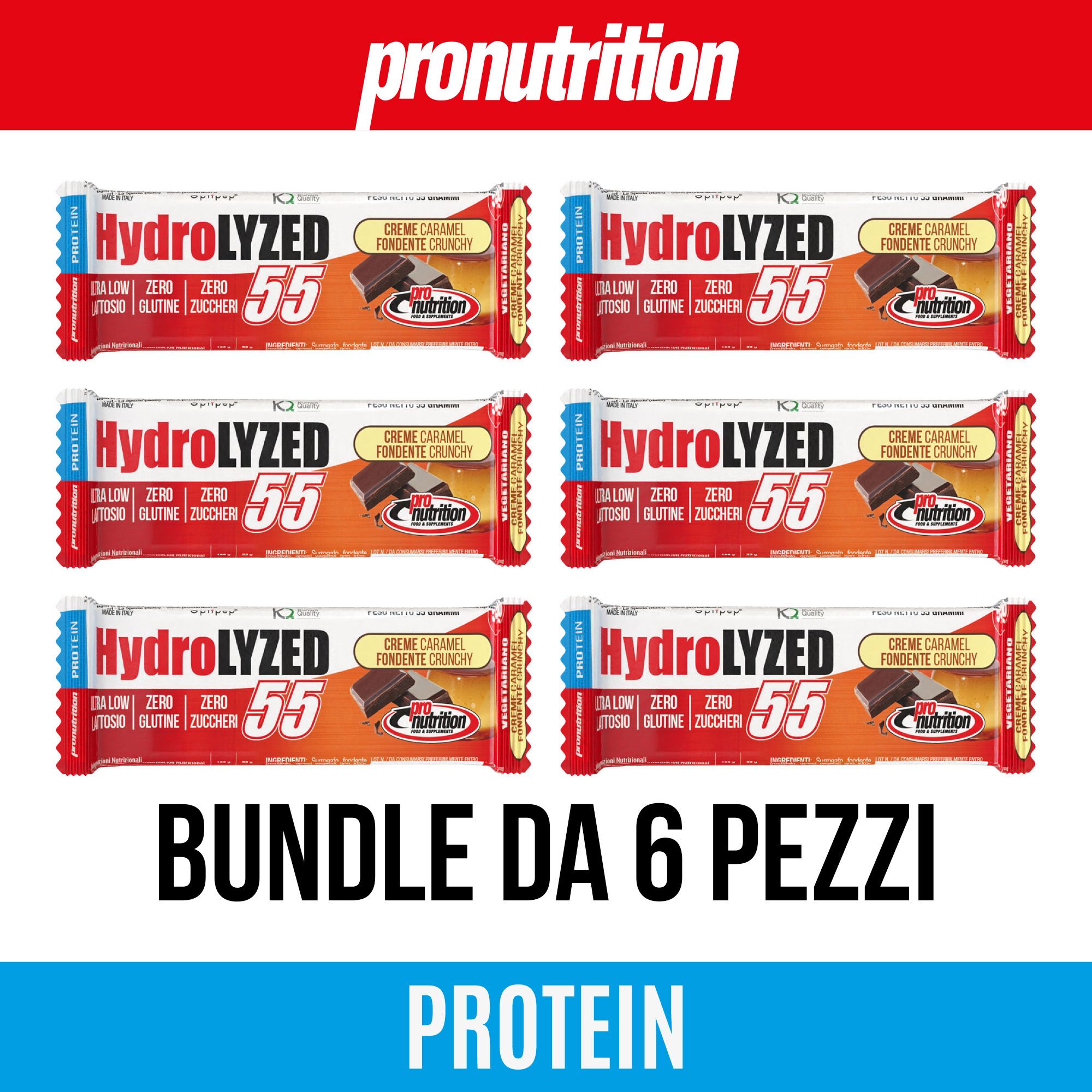 Sei barrette proteiche confezionate. Scritta: HydroLYZED 55, Zero, Senza glutine, Senza zucchero. Bundle da 6 pezzi.