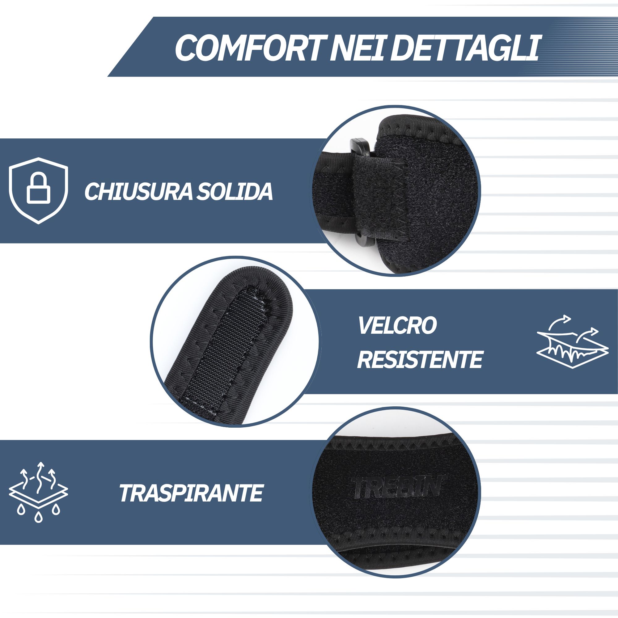 Ginocchiera nera con anello in silicone, stabilità laterale e neoprene traspirante.